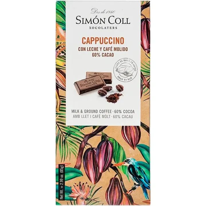 Tableta Cappuccino Con Leche y Cafe Molido 60% Cacao Simon Coll. 85gr
